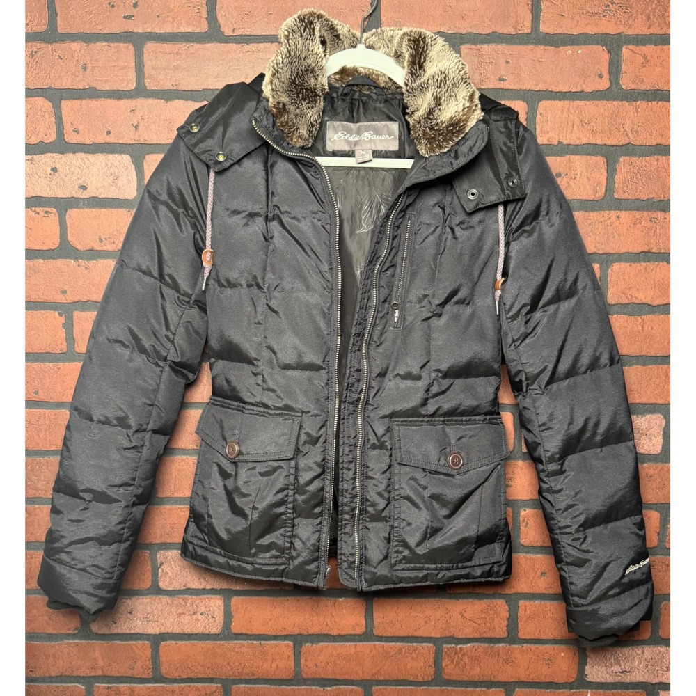 Eddie Bauer Puffer Down Jacket Black Faux Fur Lined Detachable Hood Women's XS